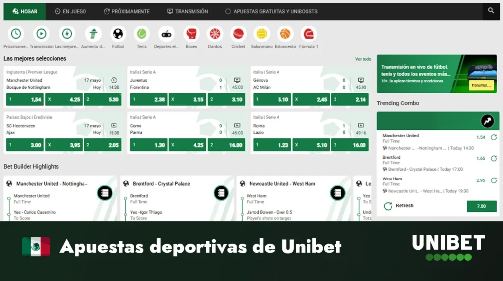 Apuestas deportivas de Unibet con mercados, cuotas y eventos