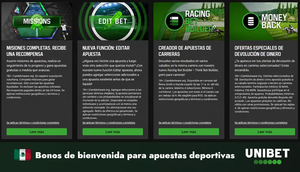 Promociones deportivas de Unibet con misiones, apuestas gratis y carreras