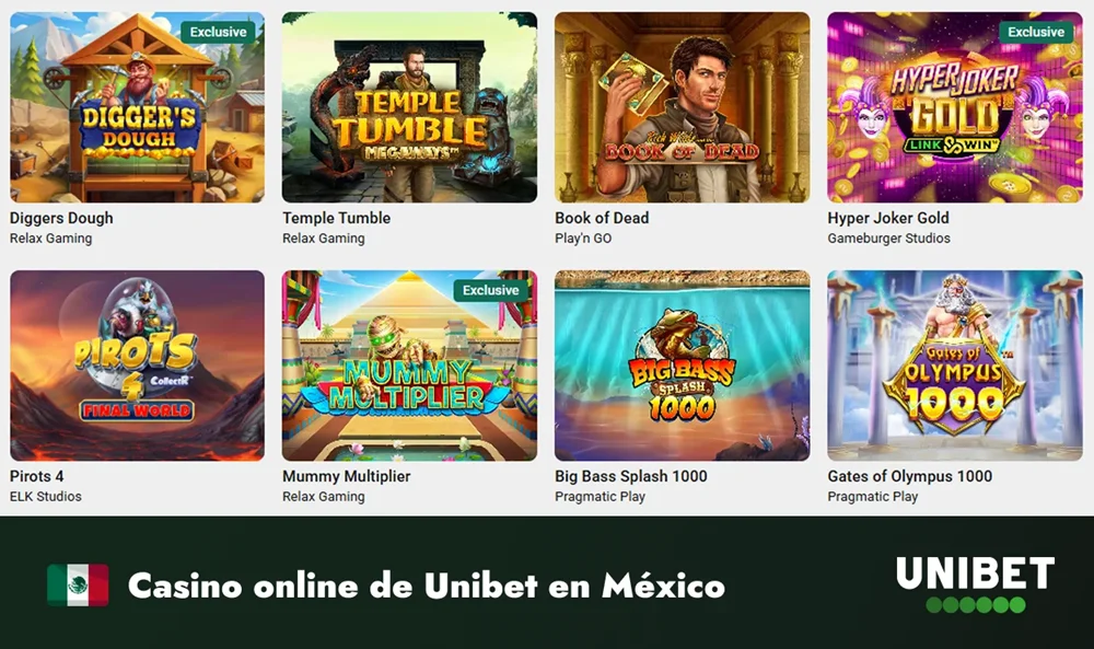 Catálogo de casino online de Unibet México con juegos destacados
