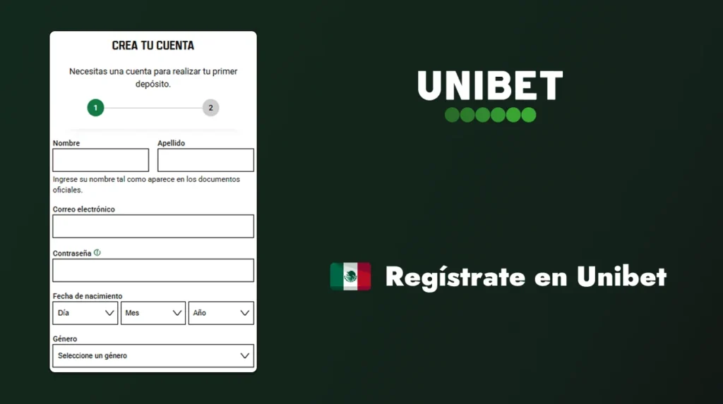 Formulario de registro en Unibet México para crear una cuenta