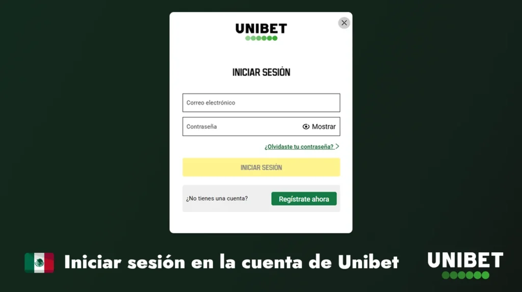 Pantalla de inicio de sesión en la cuenta de Unibet México