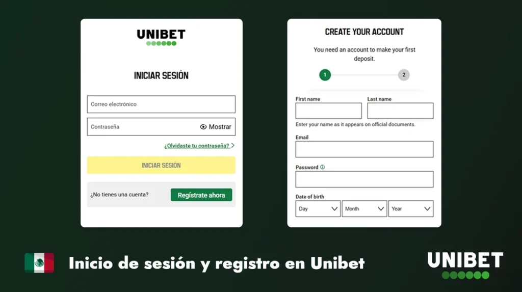 Inicio de sesión y registro en Unibet México con formularios de acceso