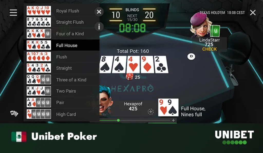 Mesa de poker online en Unibet con cartas y fichas digitales