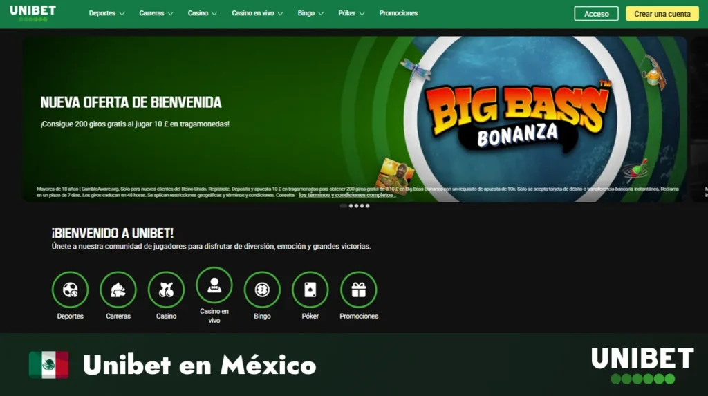 Página principal de Unibet México con menú y banner de bienvenida