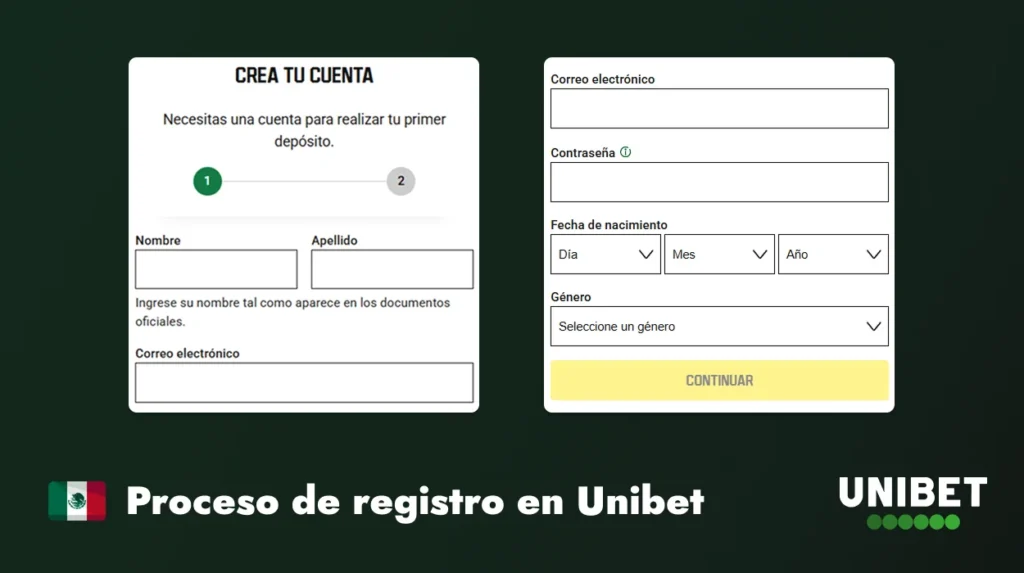 Proceso de registro en Unibet México con formulario de datos personales
