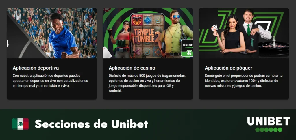 Secciones principales de Unibet México con casino, deportes y poker