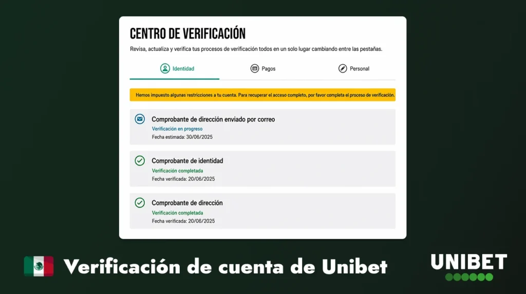 Centro de verificación de cuenta de Unibet con comprobantes requeridos